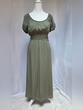 Love Wish Olive Green Boho Maxi Dress Women's Medium Smocked Waist Puff Sleeve